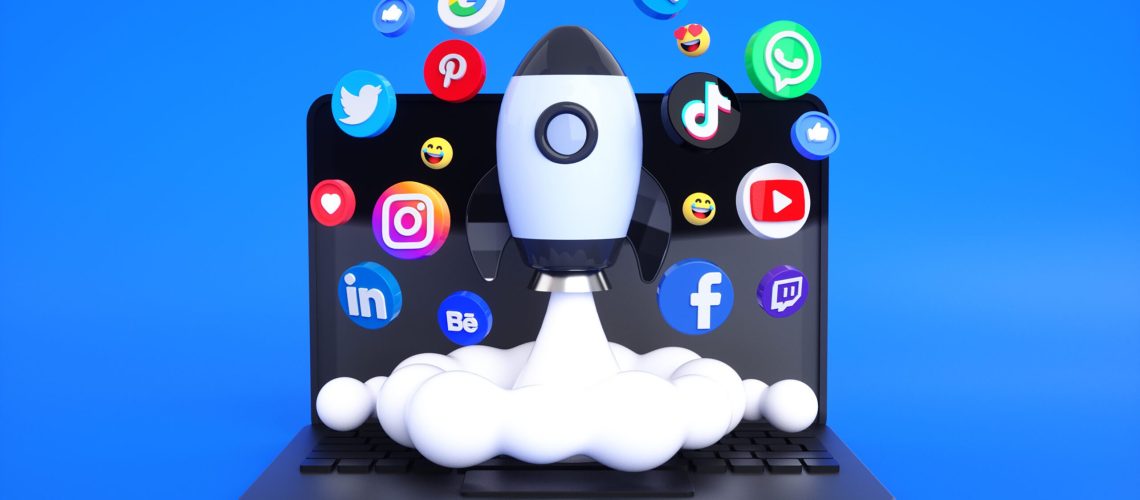 icones-e-logotipos-de-midia-social-com-foguete-espacial-3d-para-fundo-de-marketing-de-midia-digital-e-social